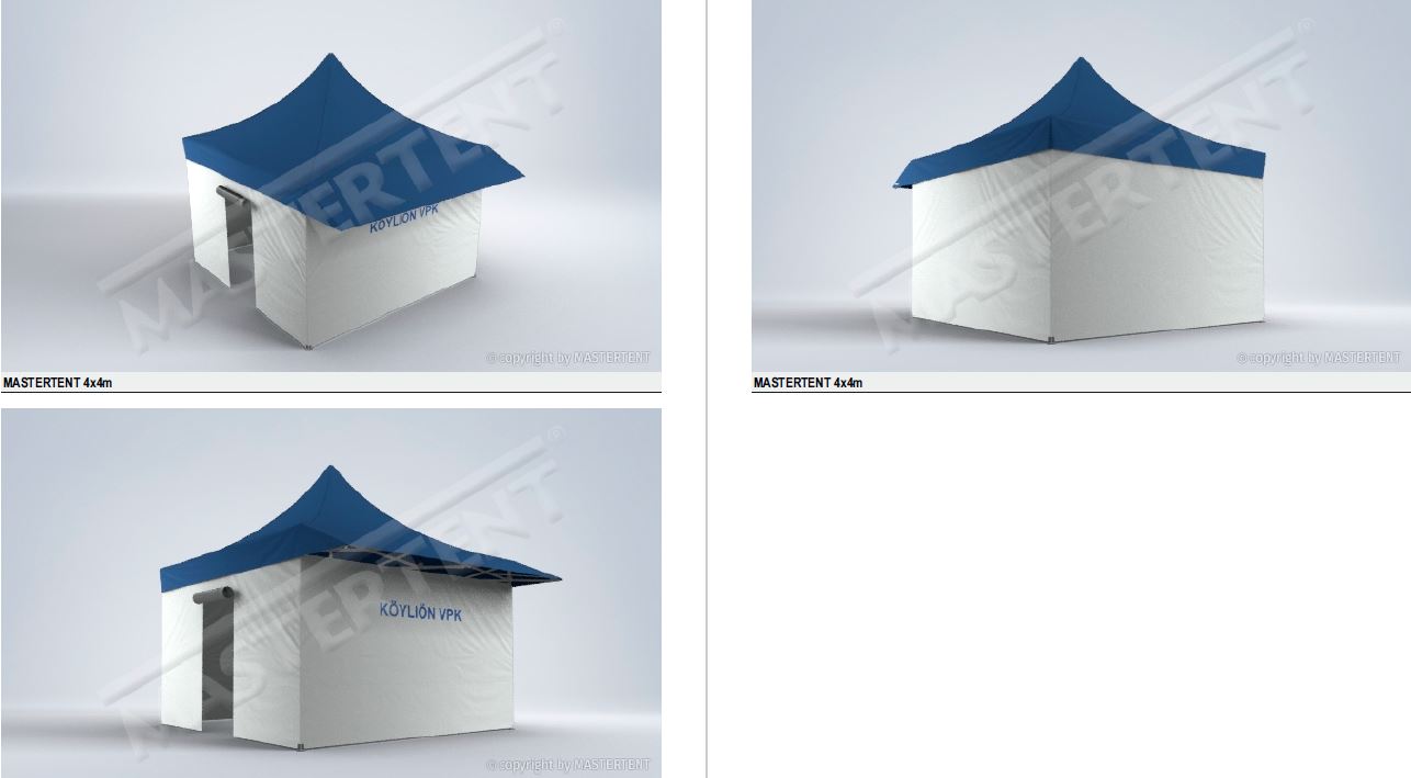Mastertent pop-up teltta 4x4 umpisinillä ja oviseinällä. Katossa yksi lippa.