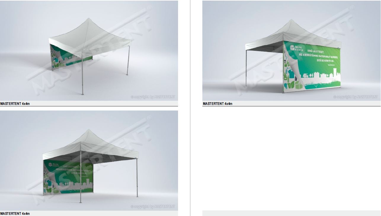 Mastertent pop-up teltta, koko 4x4. Sublimaatio painatus seinän molemmin puolin.